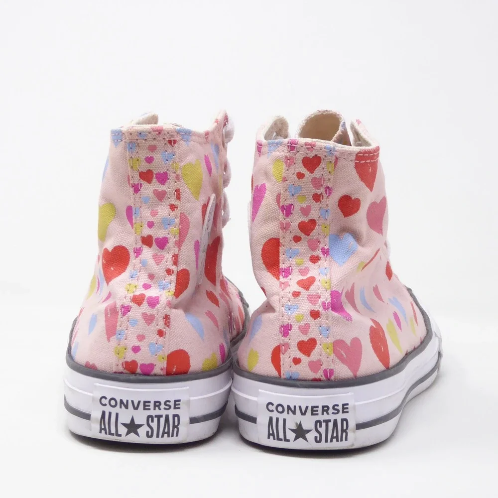 Converse Kid Junior High Top Sneakers Pink Red Heart Print Canvas Size 5.5
